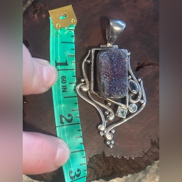 VINTAGE Sterling Silver 925 Iridescent Druzy Blue Topaz Faux Amethyst Pendant - Picture 13 of 15